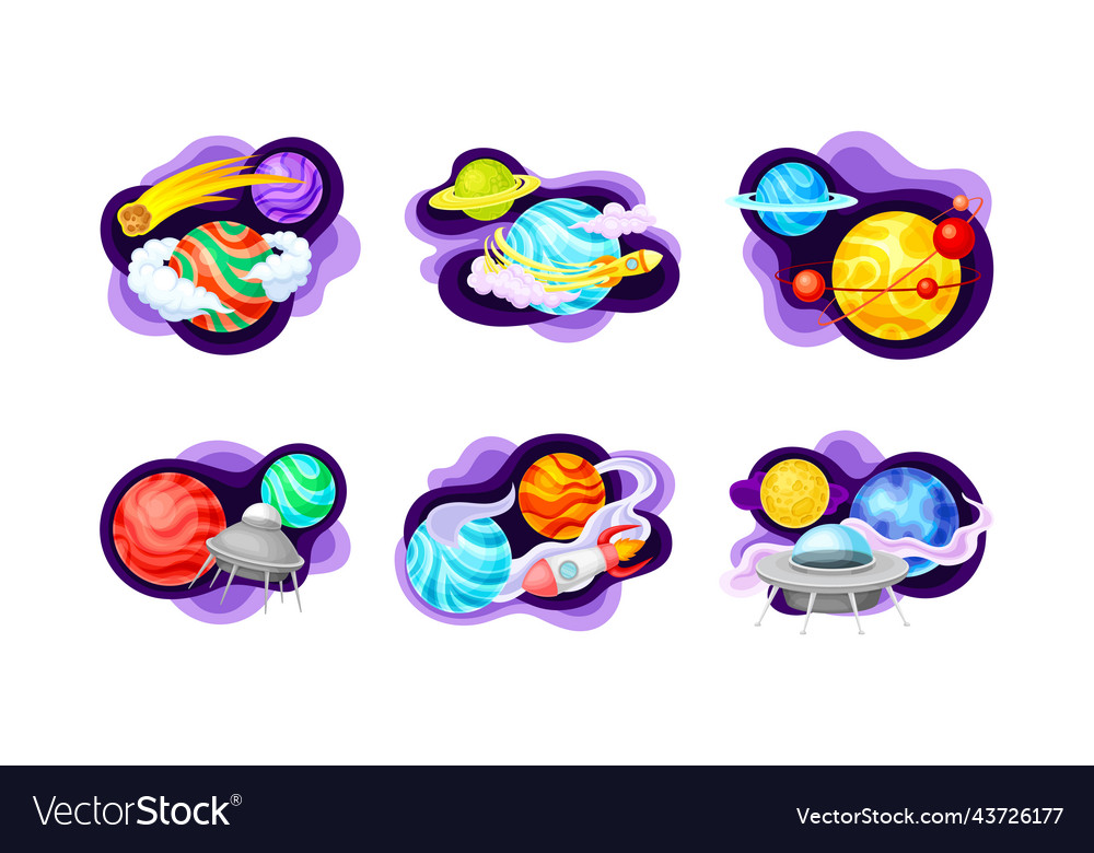 Space objects set planets ufo spaceship meteor vector image Space objects set planets ufo spaceship meteor