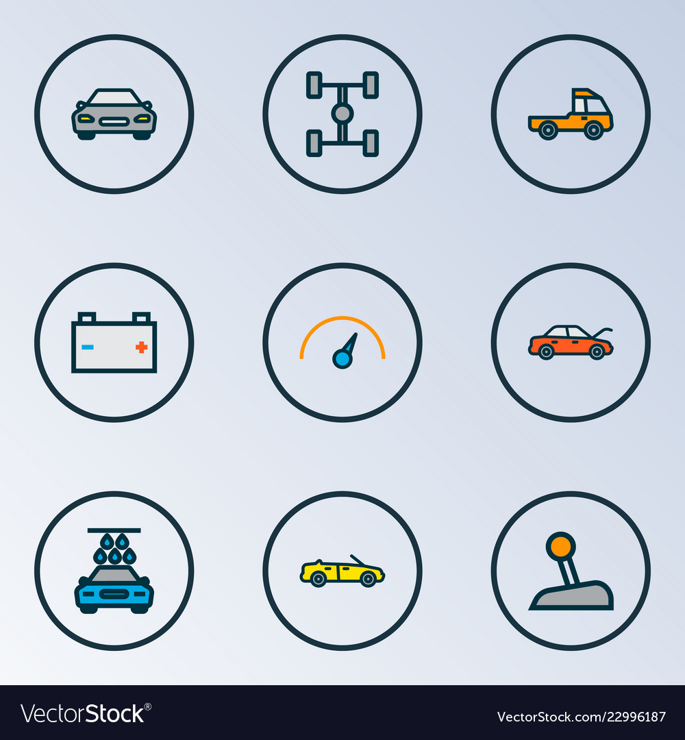 Automobile icons colored line set with speedometer vector image Automobile icons colored line set with speedometer