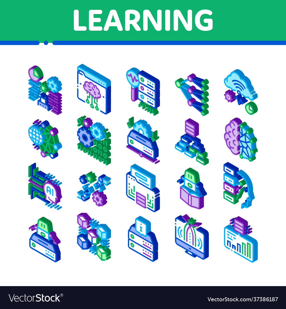 Machine learning ai isometric icons set Vector Image Machine learning ai isometric icons set
