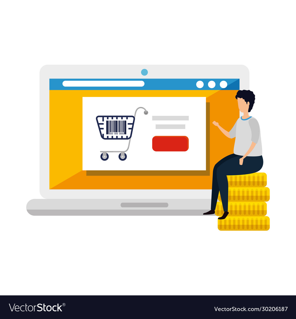 Man with laptop and qr code isolated icon