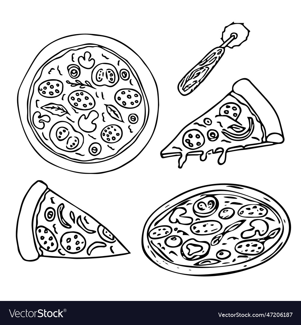 Pizza set slice and round with cutter vector image Pizza set slice and round with cutter
