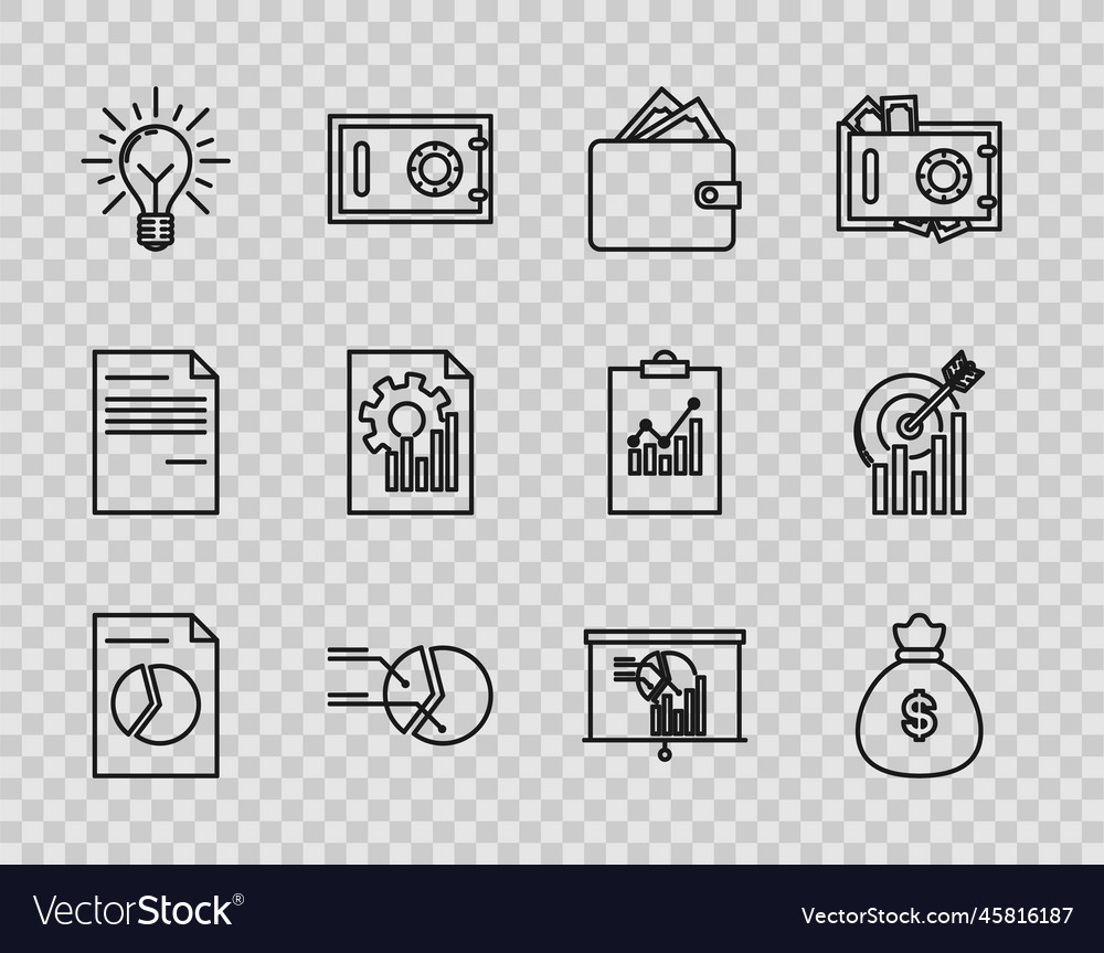 Set line document with graph chart money bag vector image Set line document with graph chart money bag