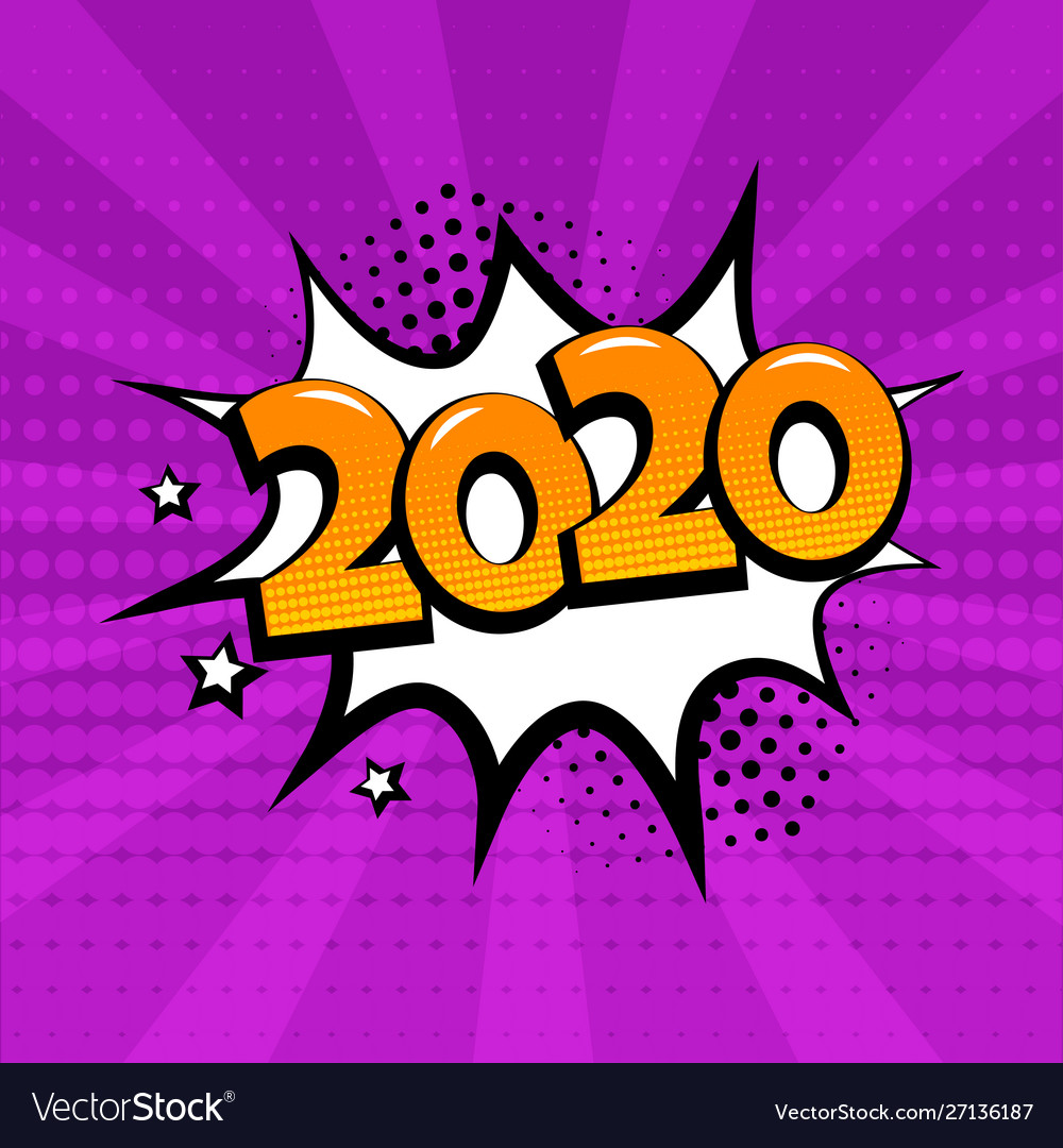 White comic bubble with 2020 word on purple Vector Image