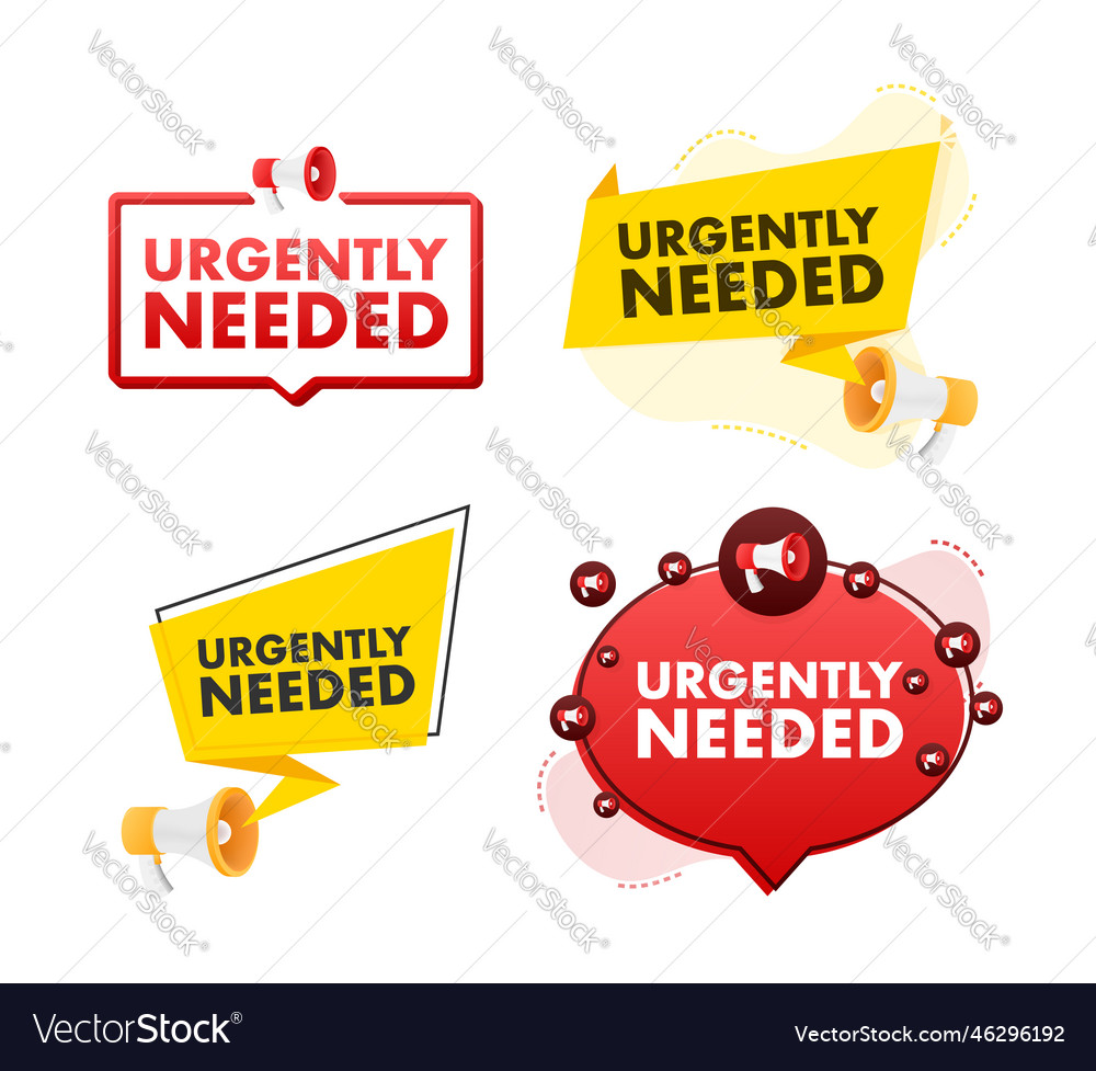 Megaphone label set with text urgently needed