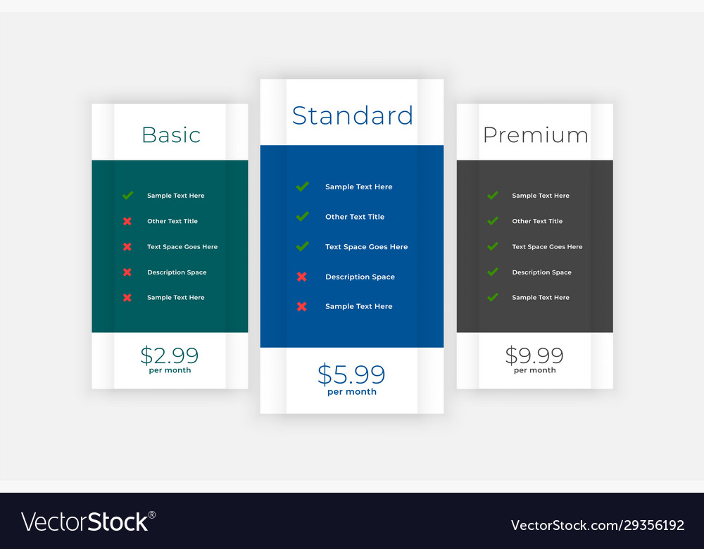 Pricing table comparison box for website and app
