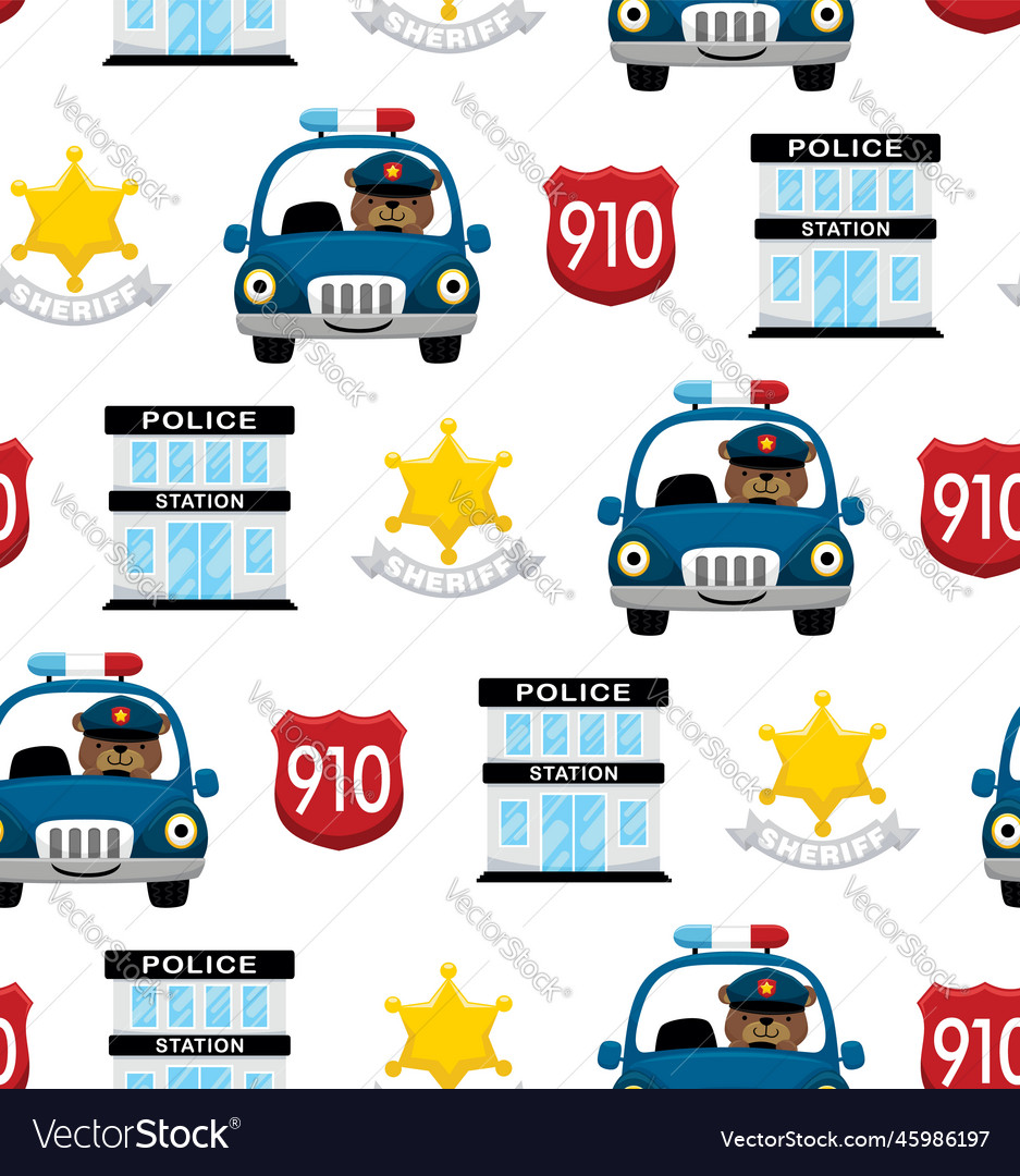 Seamless pattern of funny bear driving police car