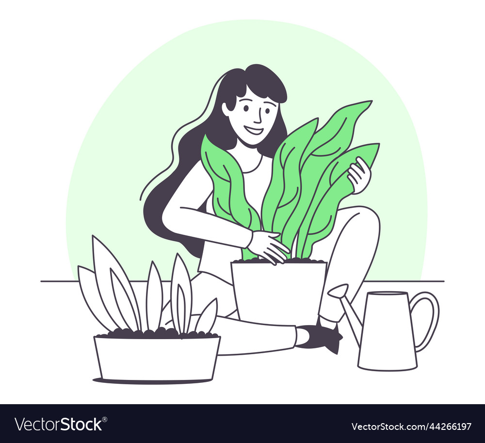 Woman character sitting with plant in pot growing Vector Image