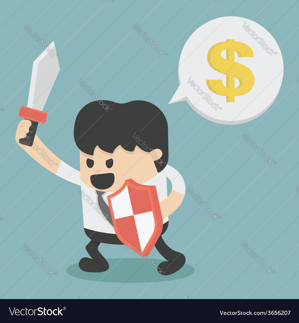 Businessman in attacking holding a sword and shiel