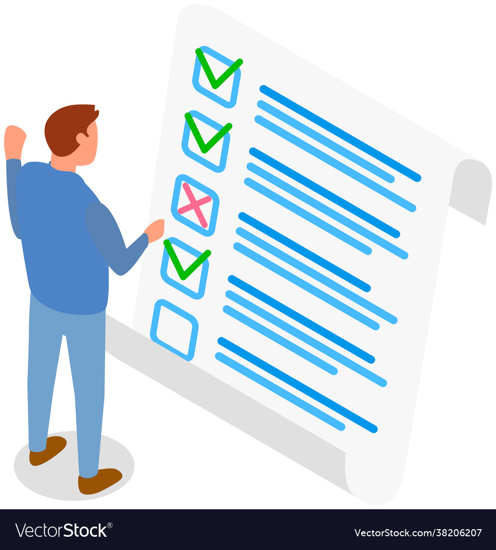 Man is checking correctness questionnaire vector image Man is checking correctness questionnaire