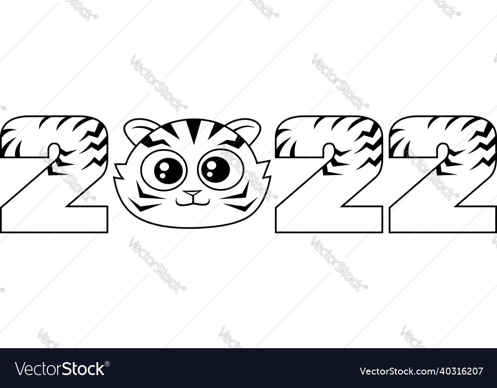 Outlined funny 2022 year of the tiger with face Vector Image