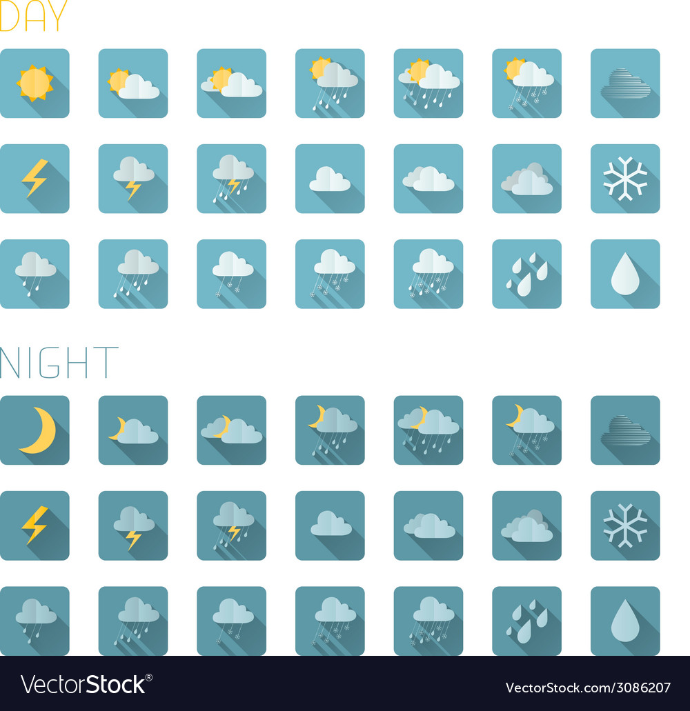 Set of square flat weather icons isolated on white