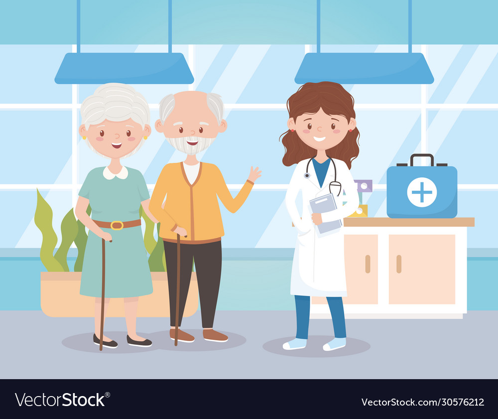 Female Physician And Grandparents In Hosptial Vector Image