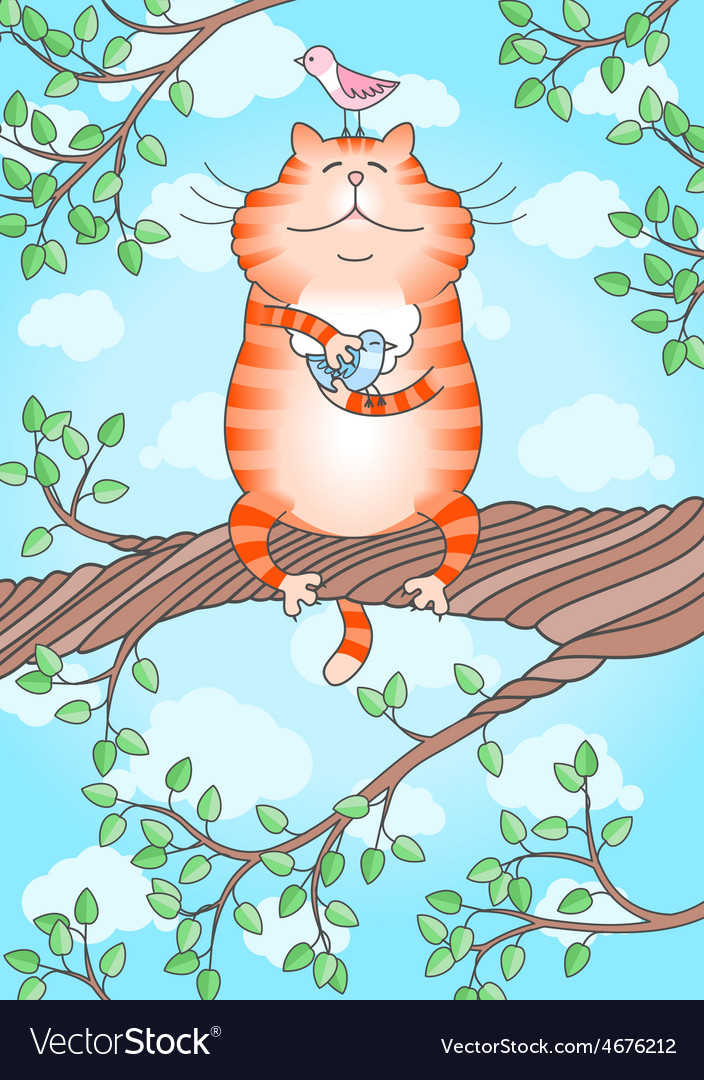 Funny cat holding little bird in its paws Vector Image