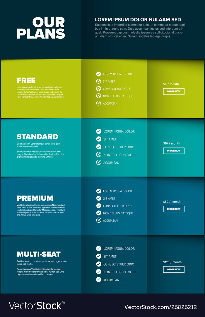 Products versions feature and price list table vector image Products versions feature and price list table