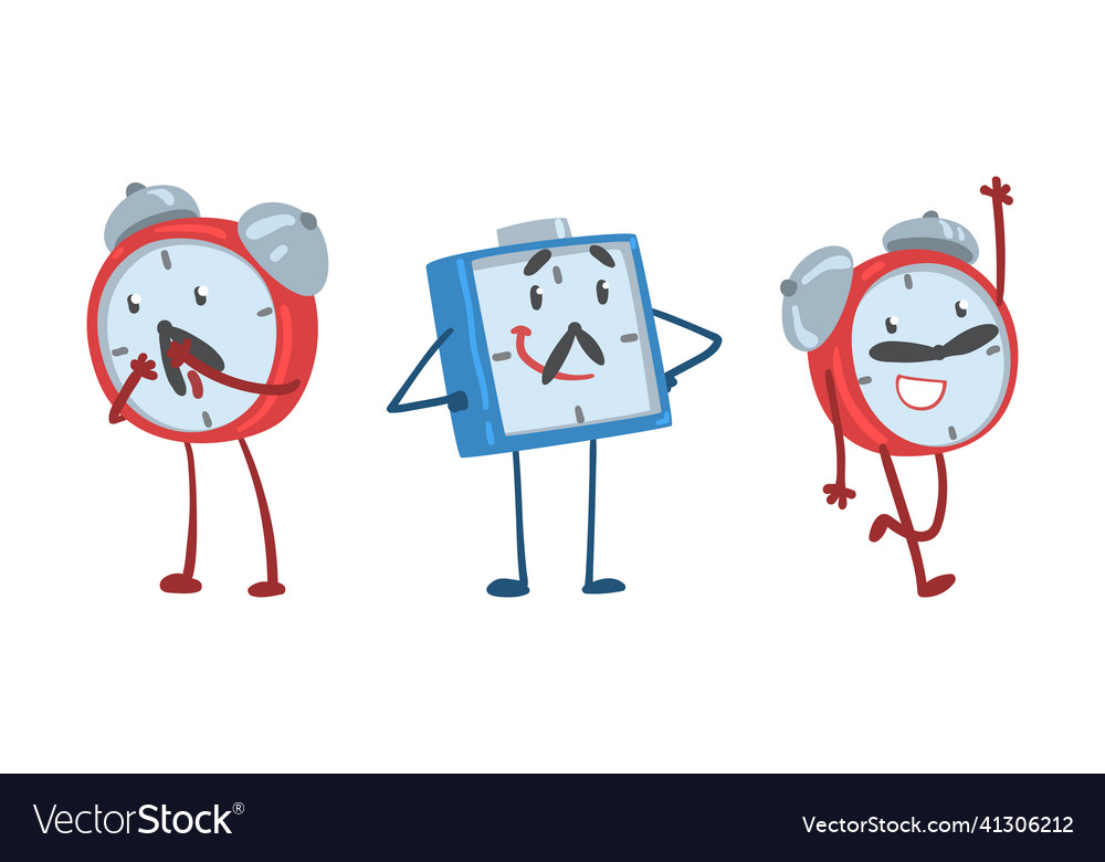 Red and blue alarm clock character smiling vector image Red and blue alarm clock character smiling