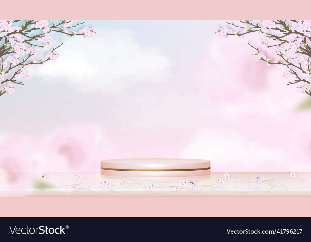 Podium-Display mit Frühling Apfelblüte auf blau vector image Podium-Display mit Frühling Apfelblüte auf blau