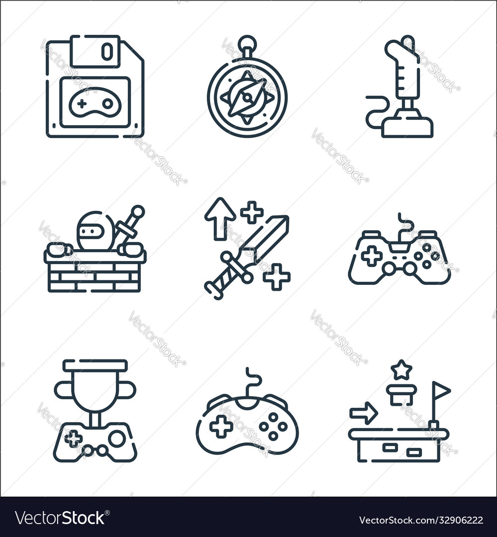 Videogame line icons linear set quality vector image Videogame line icons linear set quality