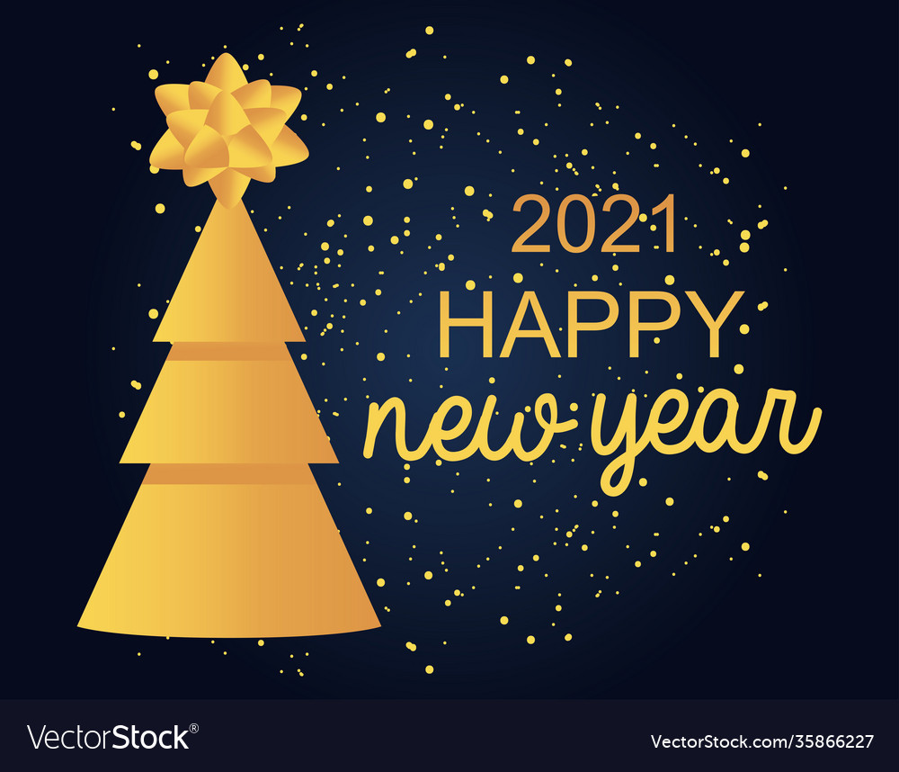 2021 happy new year golden pine tree with bow