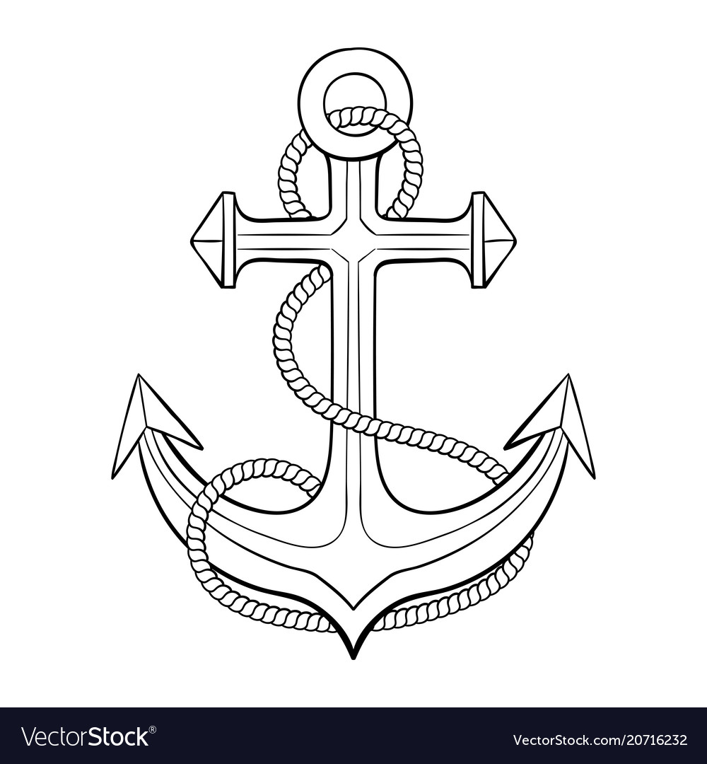 Anchor with rope outline drawing Royalty Free Vector Image