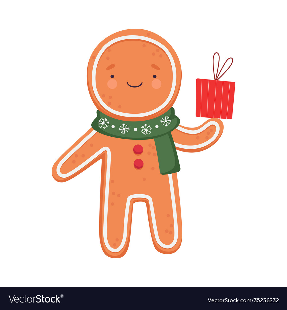 Baked gingerbread man in scarf holding gift box vector image Baked gingerbread man in scarf holding gift box