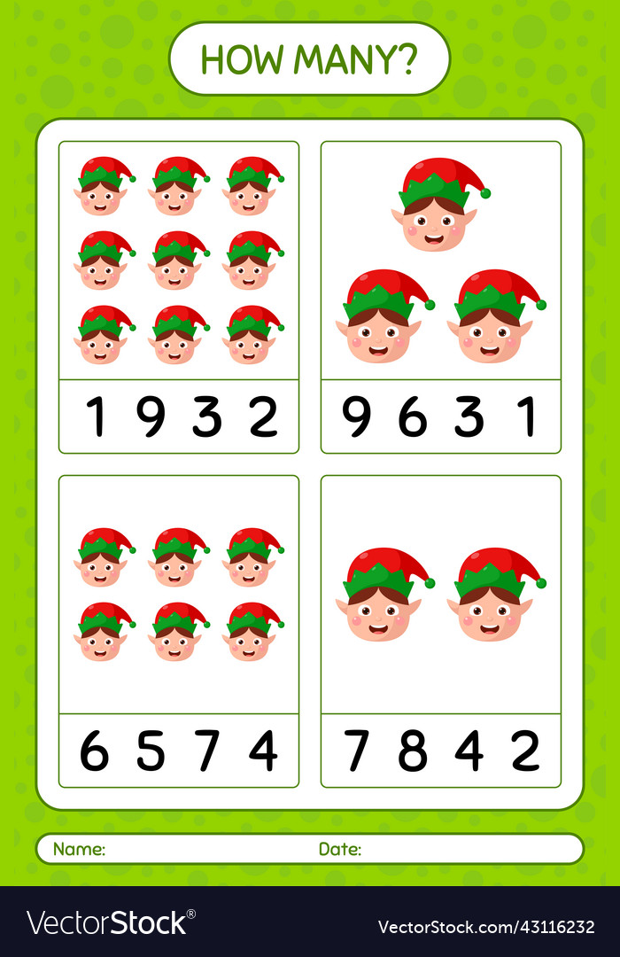 How many counting game with elf worksheet Vector Image How many counting game with elf worksheet