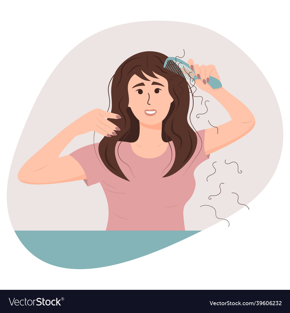 Woman with a comb suffering from the hair loss Vector Image