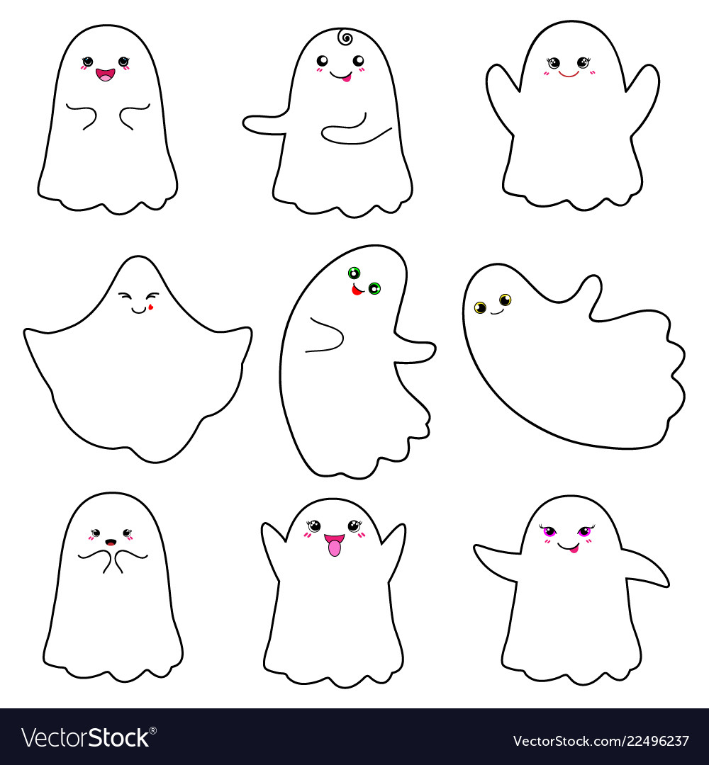 Cute ghosts with smiley face on white background vector image on VectorStoc...