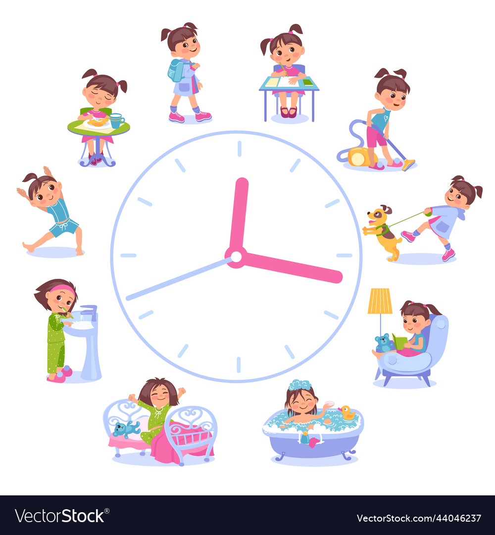 Girls daily routine dial clock with different Vector Image