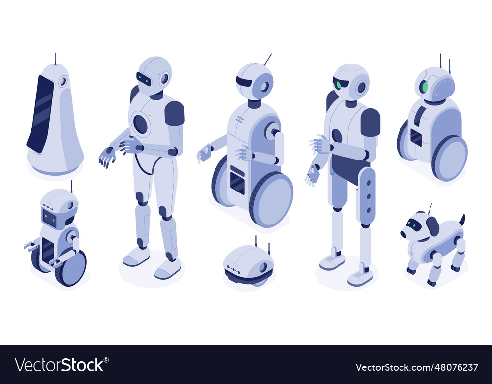 Isometric robots digital robotic machines vector image Isometric robots digital robotic machines