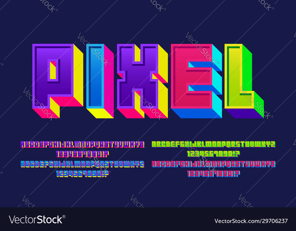 Pixel font alphabets with 4 style effect