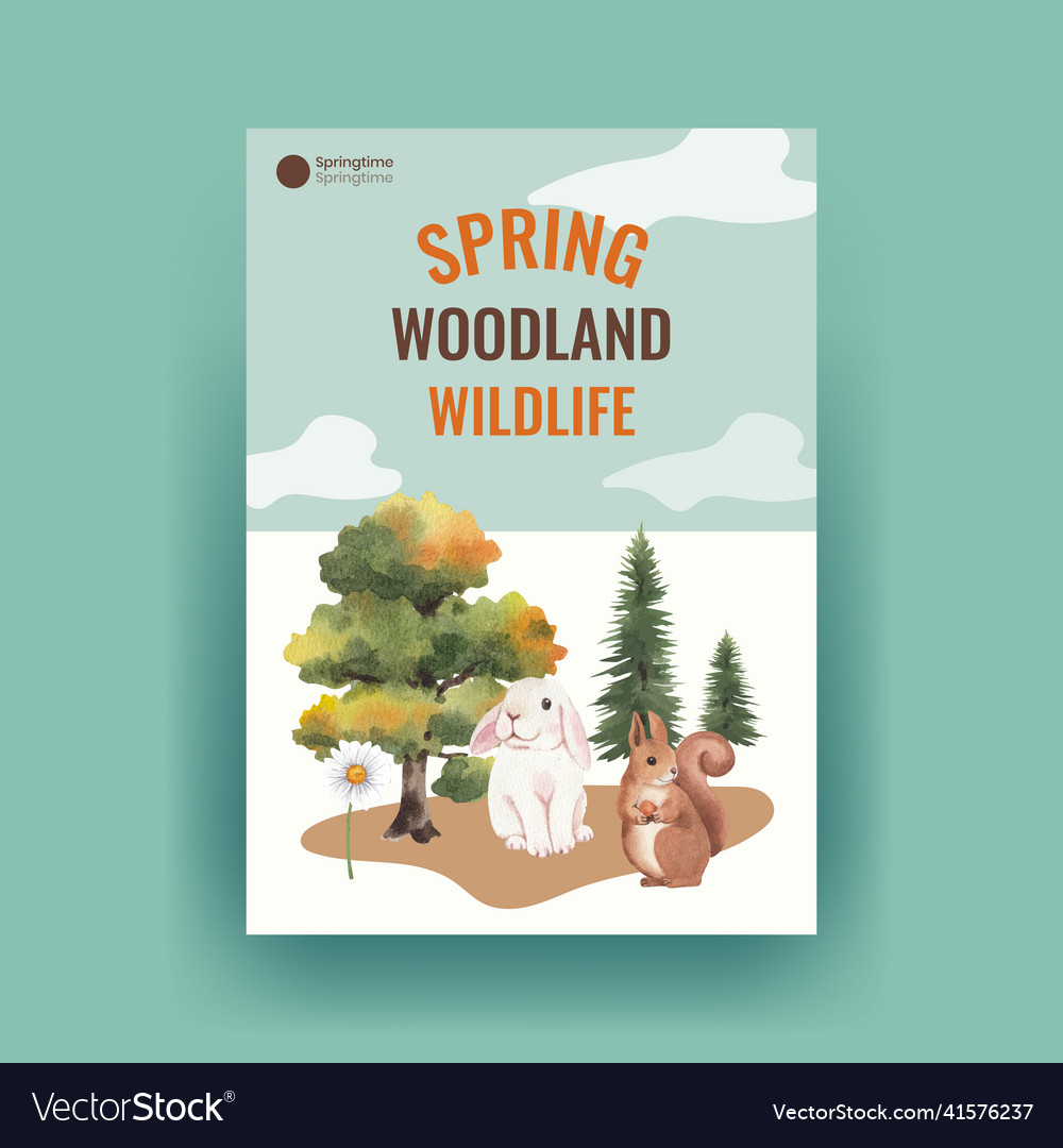 Poster template with spring woodland wildlife