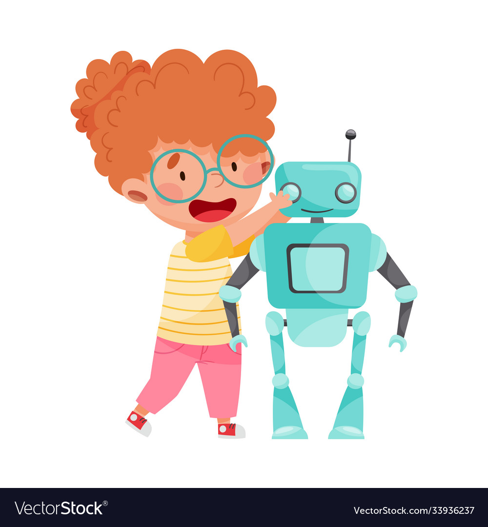 Smiling girl engineering and configurating robot Vector Image