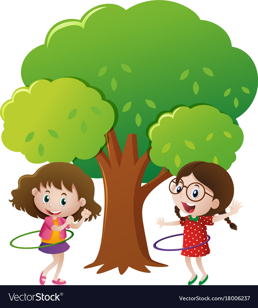 Two girls playing hulahoop under the tree