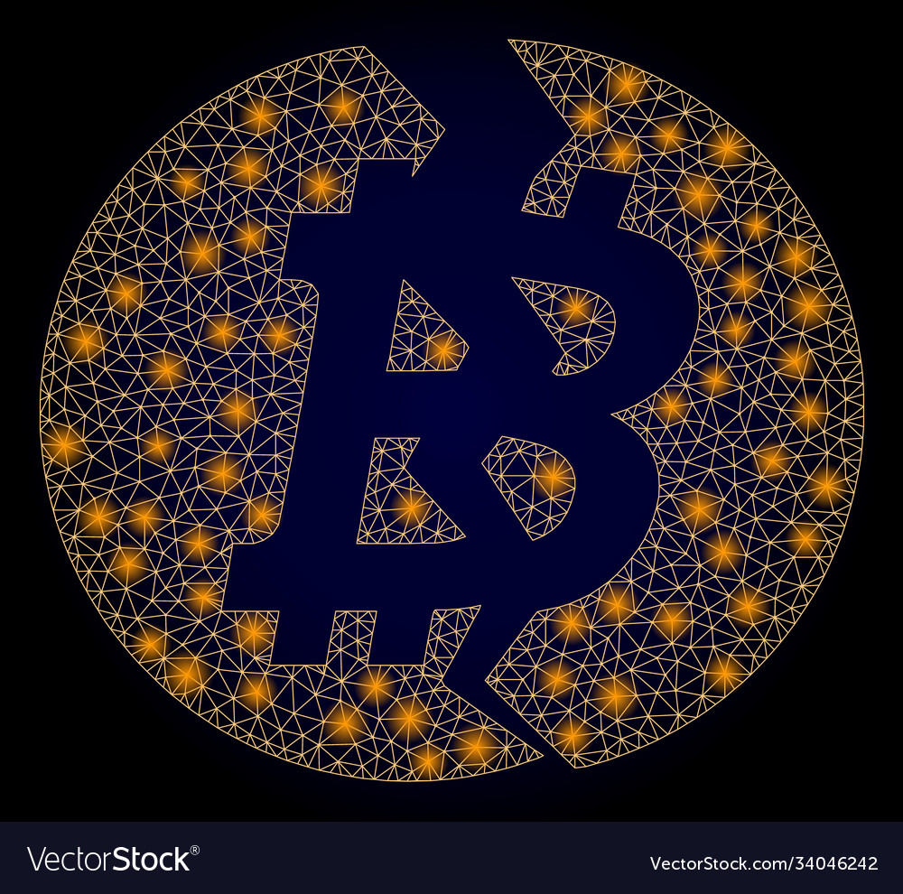 Bright polygonal net broken bitcoin with glare vector image Bright polygonal net broken bitcoin with glare