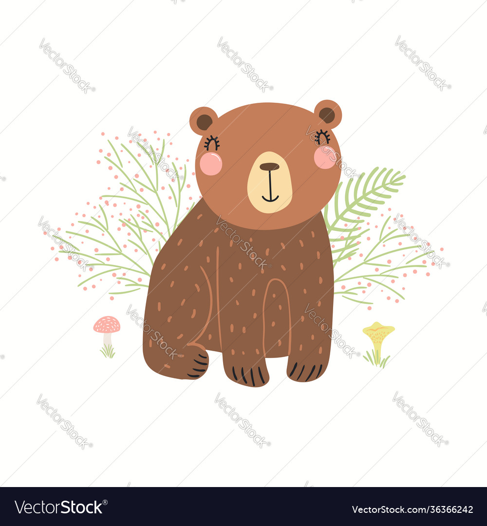 Cute funny bear grasses mushrooms isolated