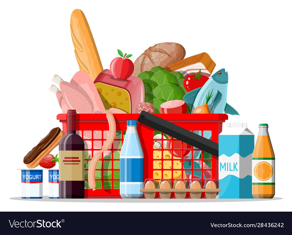 Plastic shopping basket with fresh products Vector Image