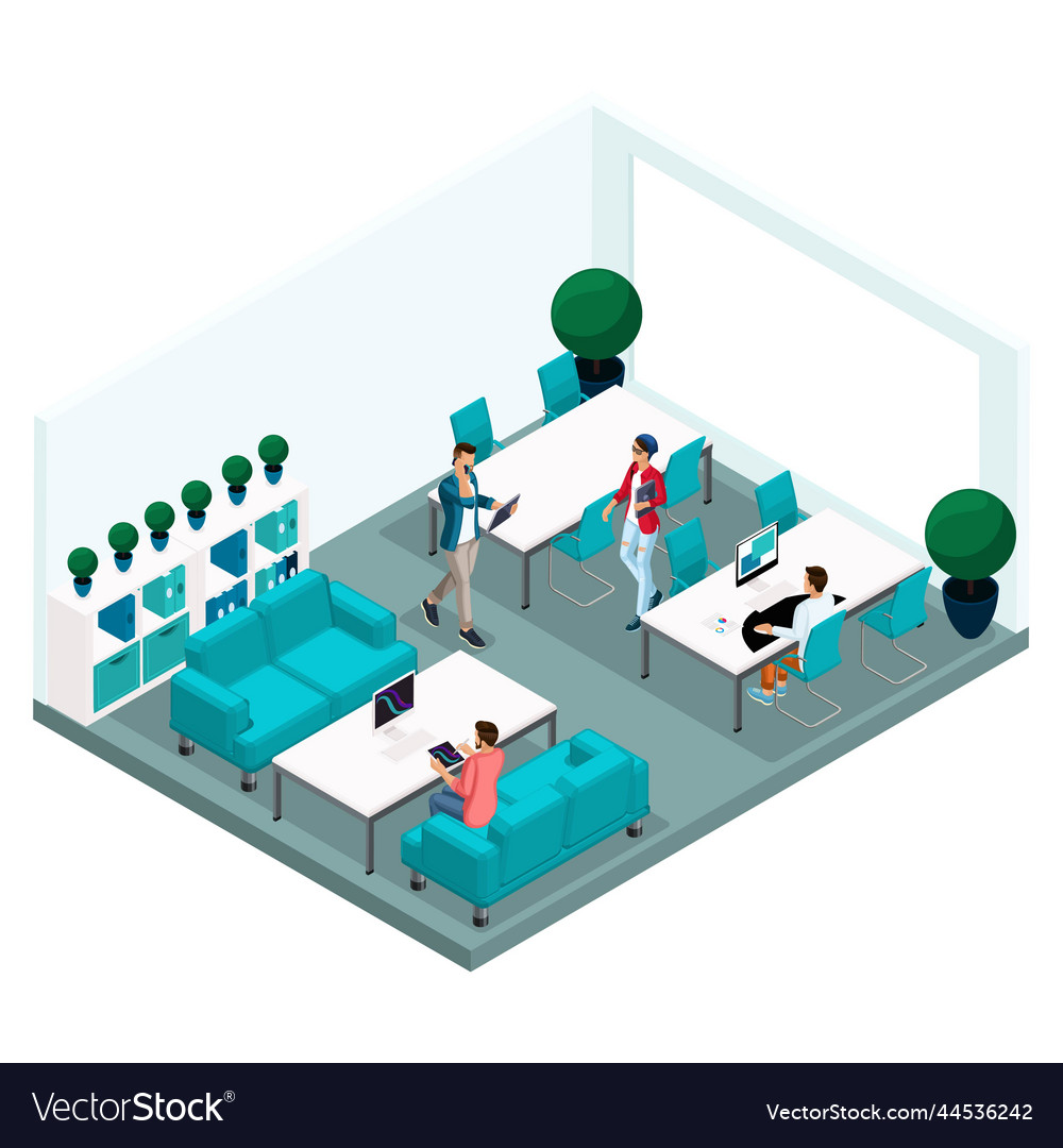 Trendy isometric people and gadgets room