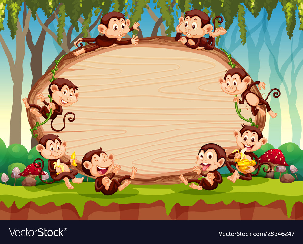 Border template design with cute monkeys in forest