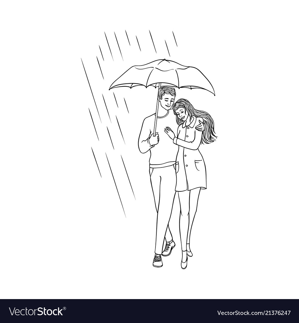 Girl And Boy Kissing In The Rain Drawing