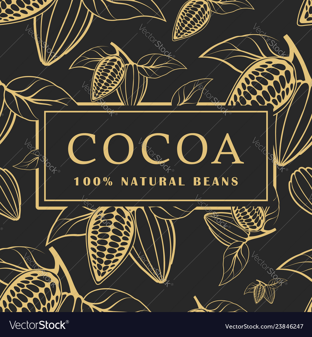 Cocoa beans with leaves on dark background