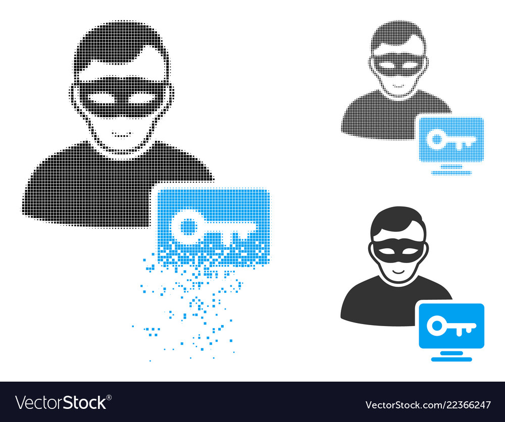 Damaged pixelated halftone computer hacker icon vector image Damaged pixelated halftone computer hacker icon