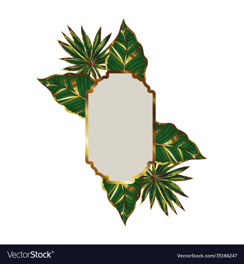 Frame gold color with green leaves on white