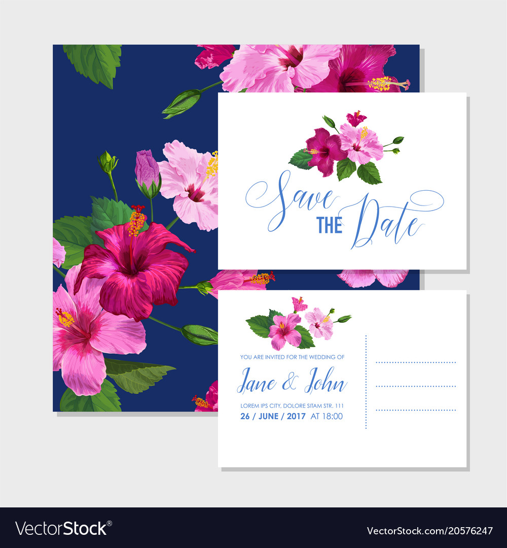 wedding invitation template with hibiscus flowers vector image wedding invitations templates purple