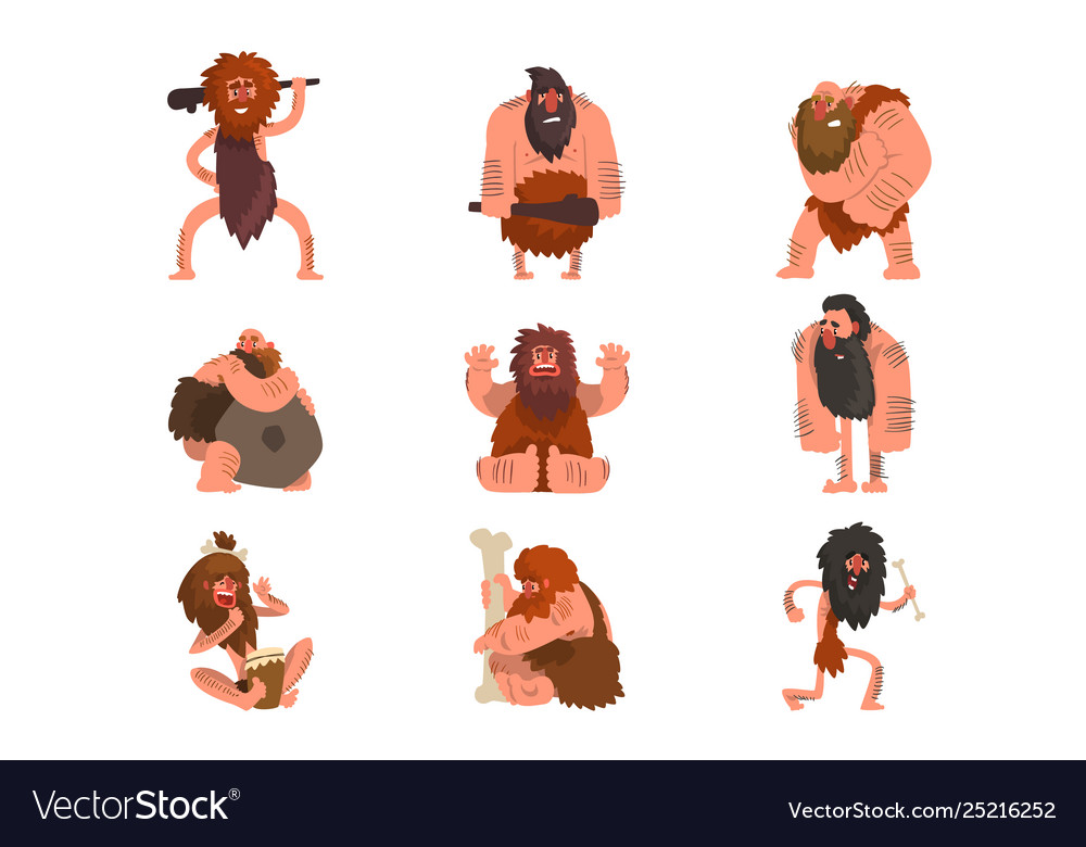 Primitive cavemen set stone age prehistoric man