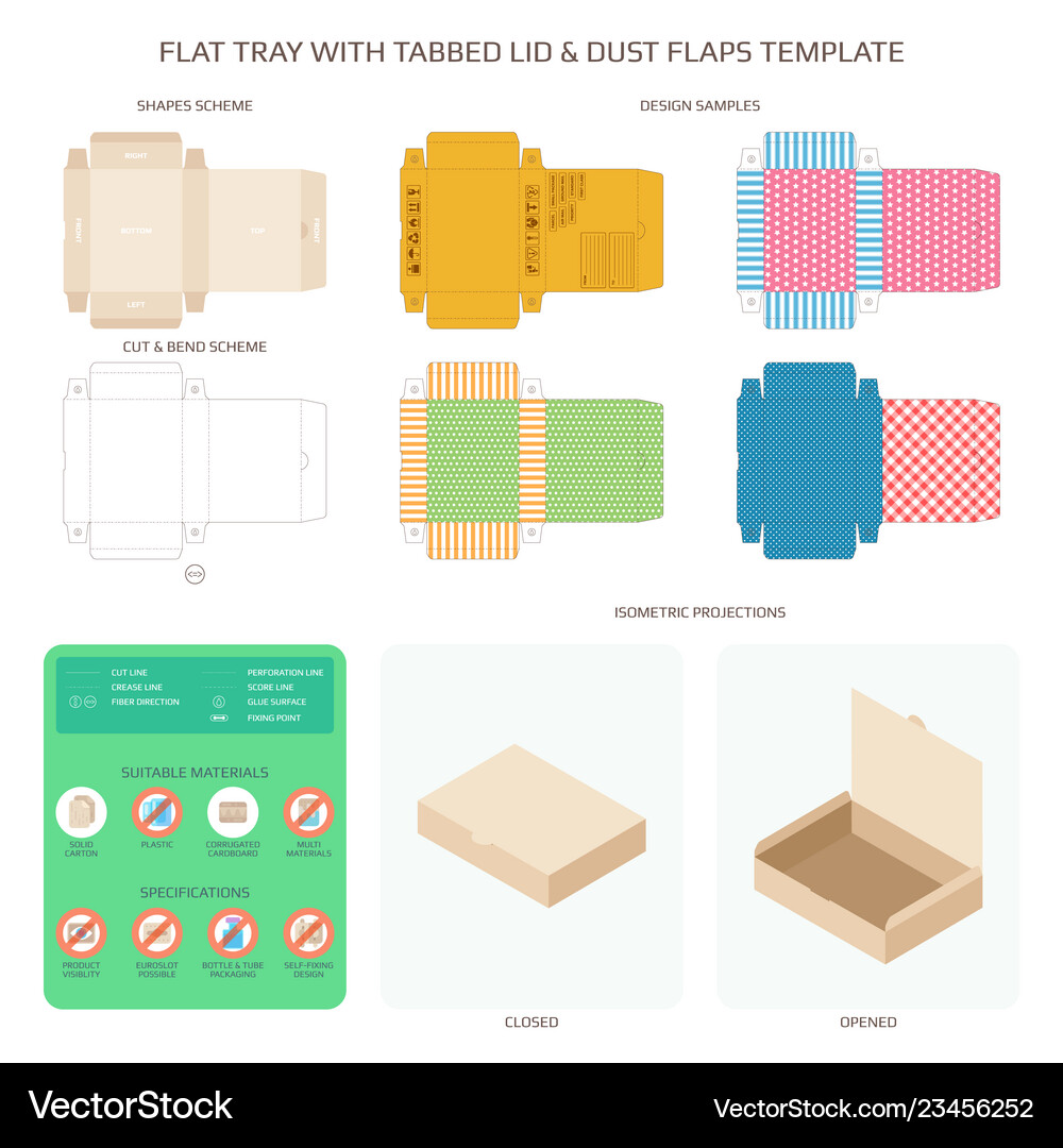 Tray with tabbed lid and dust flaps templates set Vector Image