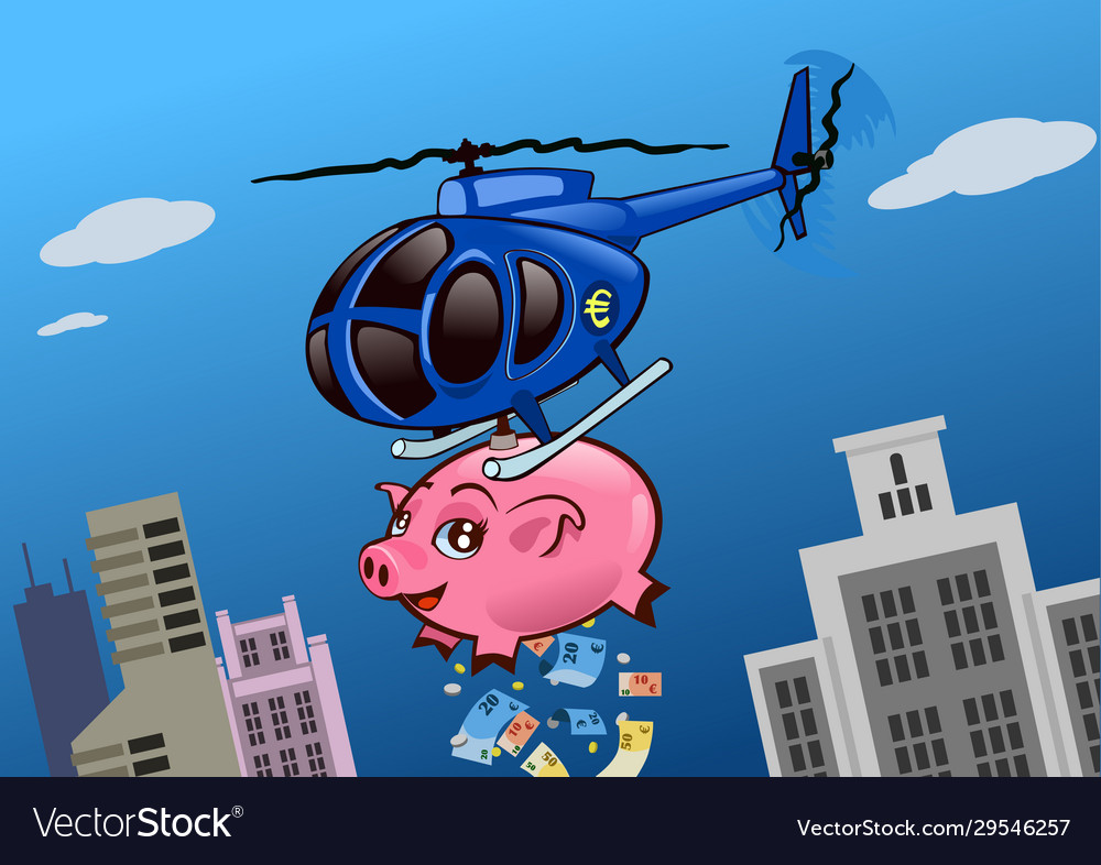 An helicopter with a piggy bank throwing money