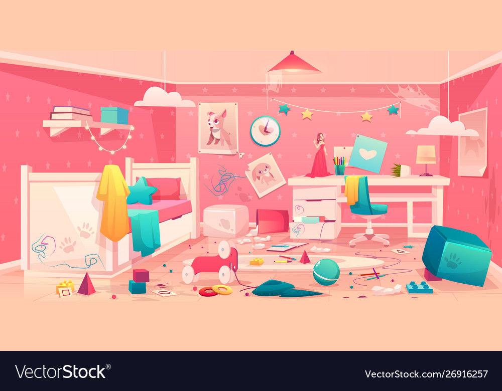 Little Girl Messy Bedroom Cartoon Interior