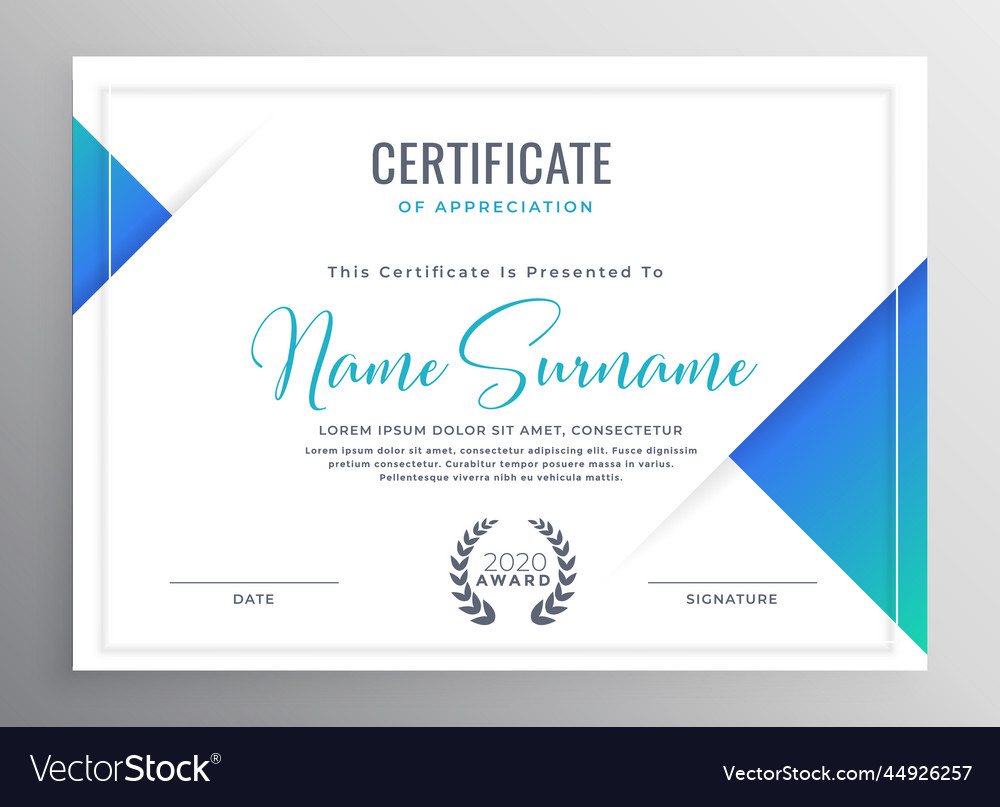 Minimal blue triangle certificate template design Vector Image