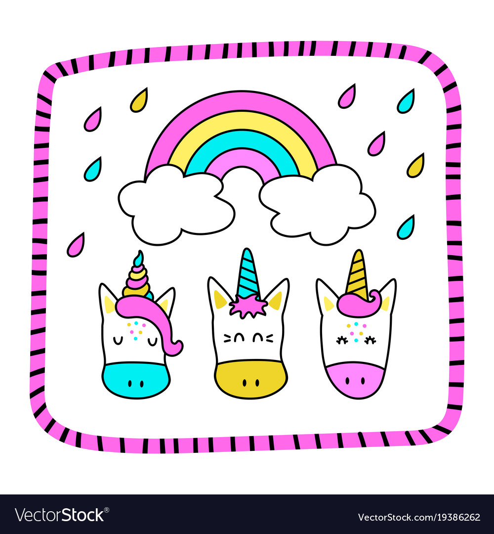 Grußkarte mit lustigen Einhörnern und einem Regenbogen