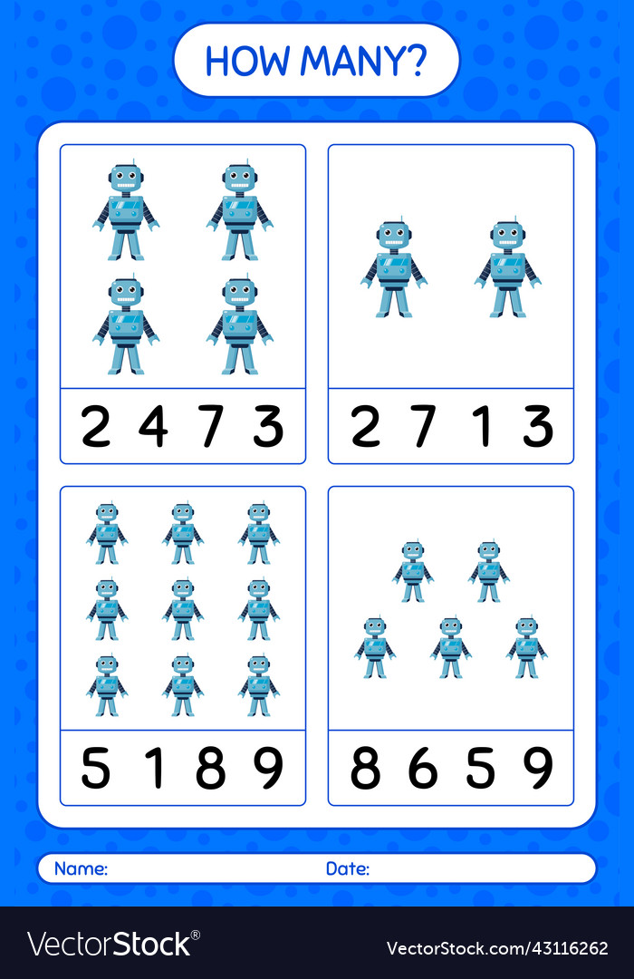 How many counting game with robot toy worksheet vector image How many counting game with robot toy worksheet